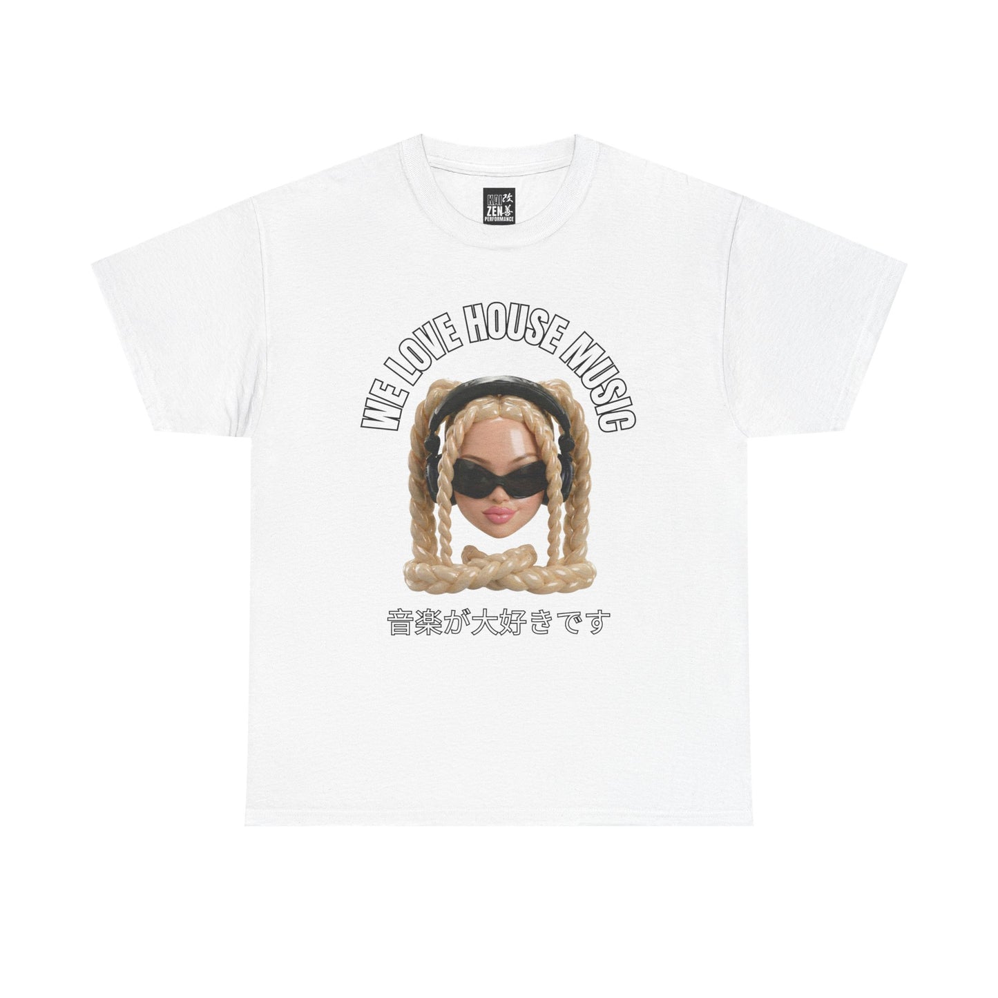 House Music Girl Graphic Tee — "We Love House Music" with Japanese Text