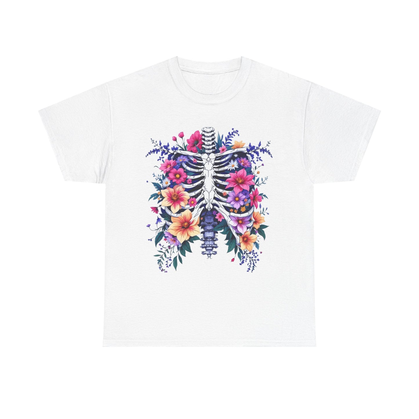 Floral Skeleton Unisex Tee - Boho Chic Heavy Cotton Shirt