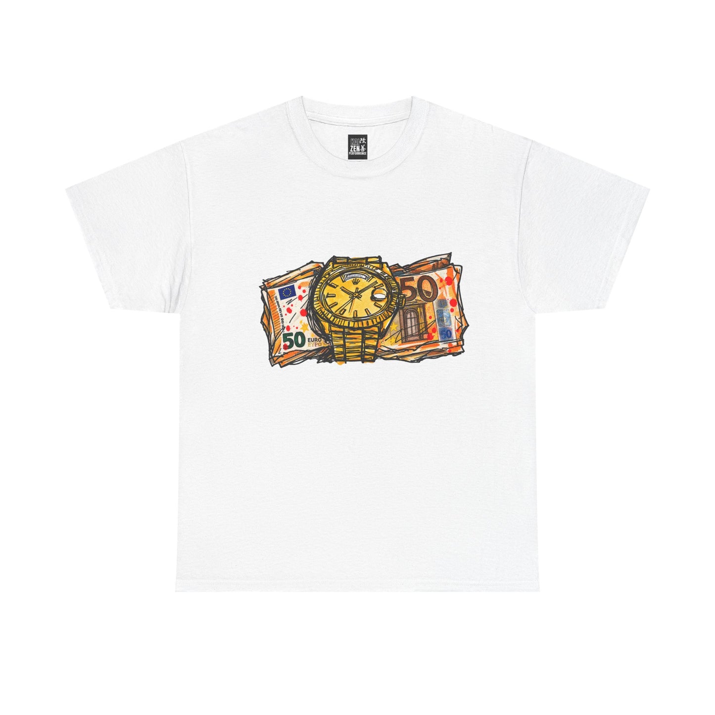 Euro Cash & Rolex Sketch Tee — Retro Money Stack Graphic