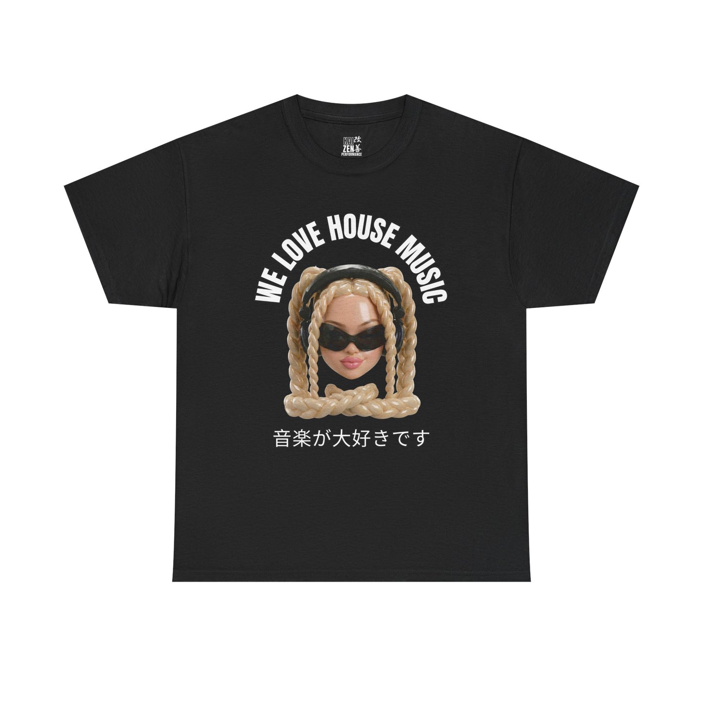 House Music Girl Graphic Tee — "We Love House Music" with Japanese Text