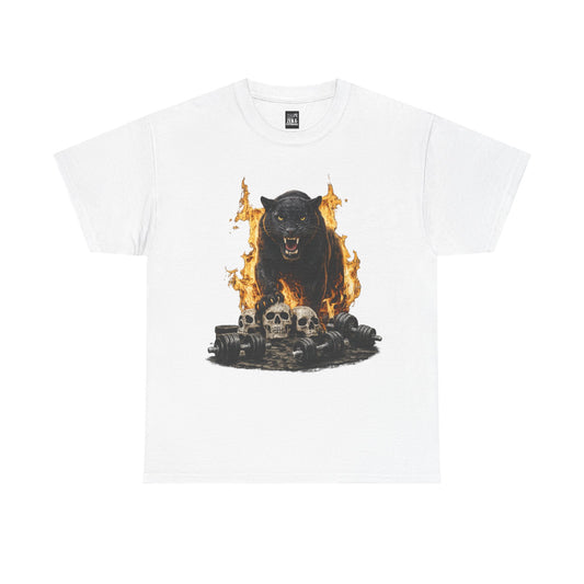Burning Panther and Skulls wheights Graphic Tee — Gothic Horror Animal T-Shirt