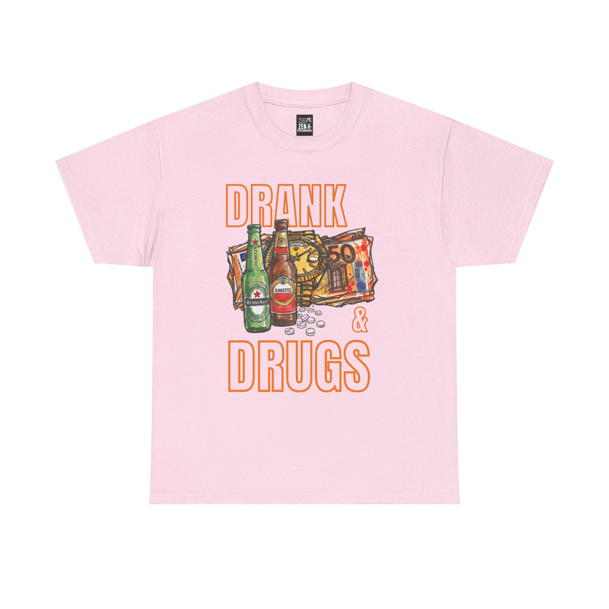 Drank & Drugs Graphic Tee — Retro Bottles, Chips & Bold Orange Text