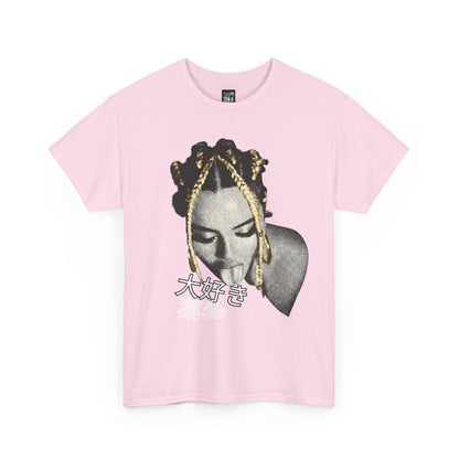 Graphic Tee — Retro Portrait with Gold Braid & Japanese '大好き' Accent