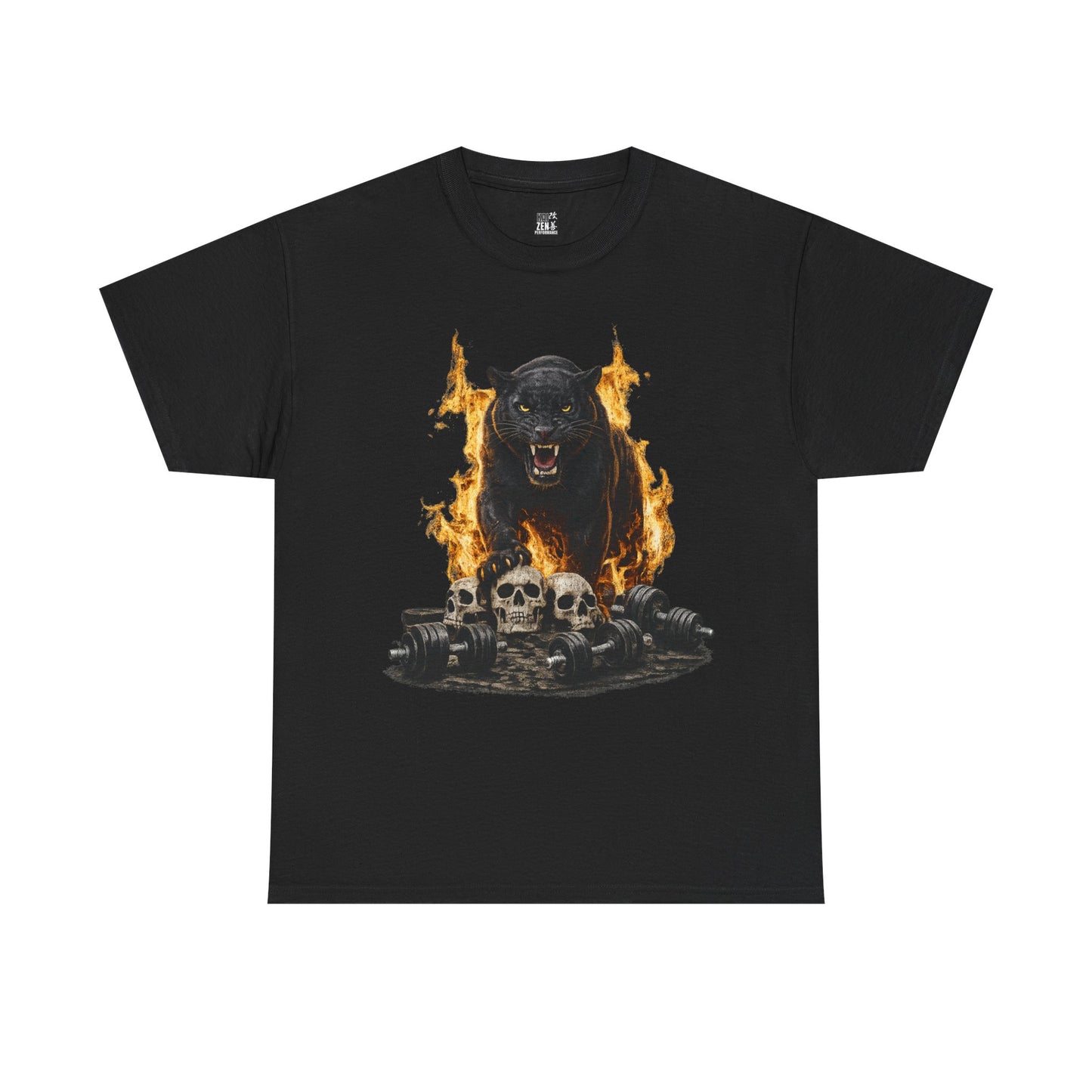 Burning Panther and Skulls wheights Graphic Tee — Gothic Horror Animal T-Shirt