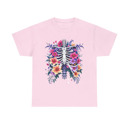 Floral Skeleton Unisex Tee - Boho Chic Heavy Cotton Shirt