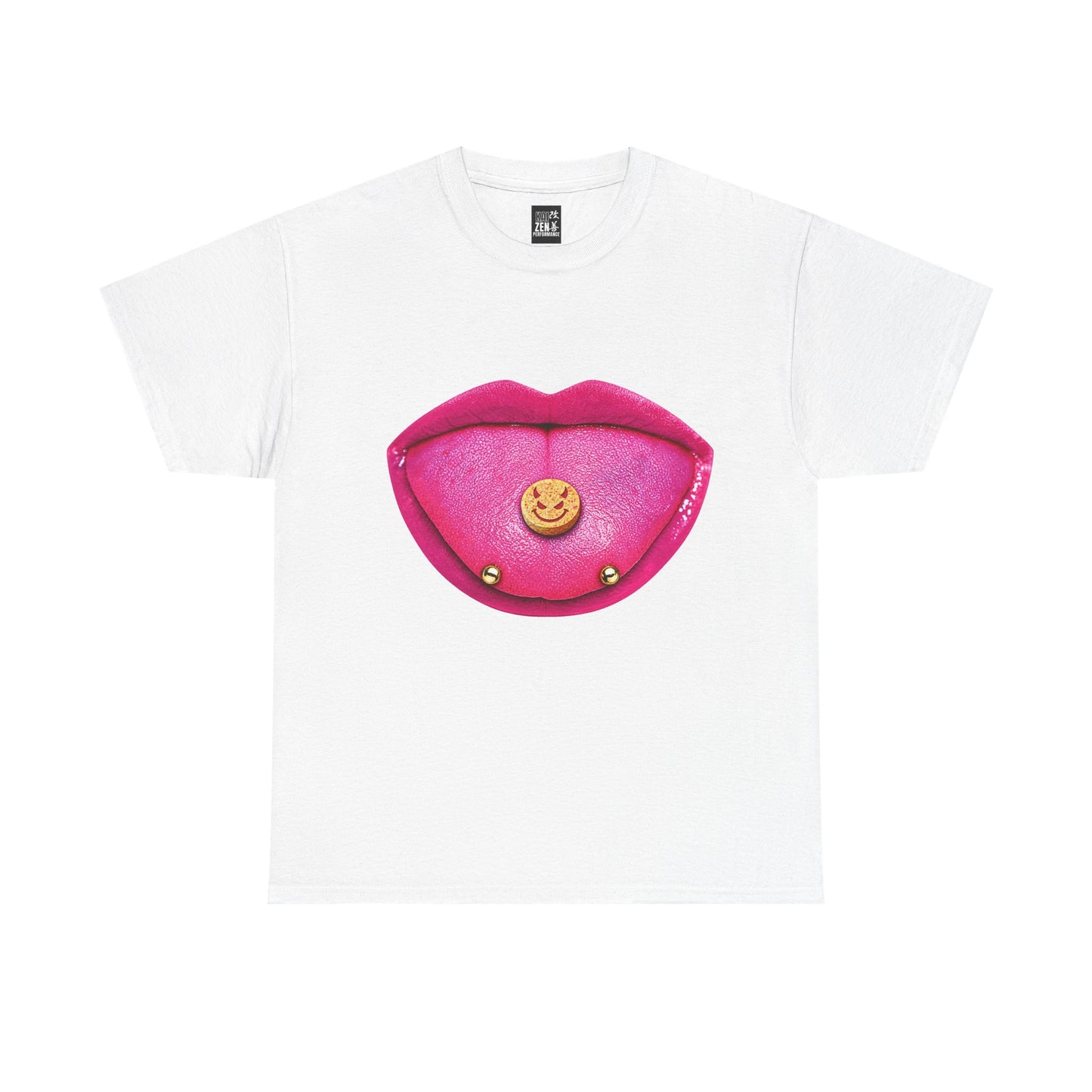 Graphic Tee — Pink Lip Tongue Piercing with Smiley Stud