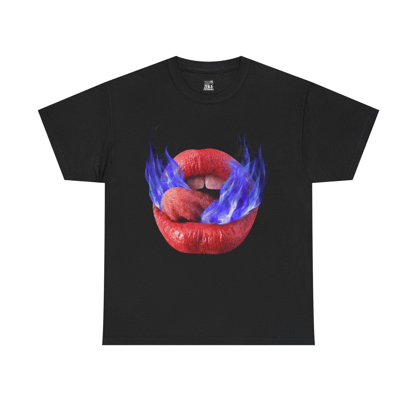 Flaming Blue Kiss T-Shirt — Bold Red Lips & Blue Flame Graphic Tee