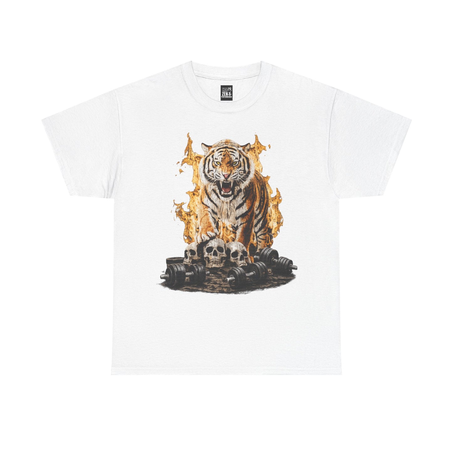 Tiger Flames Tee — Fierce Tiger with Skulls and weights Graphic Gymshirt