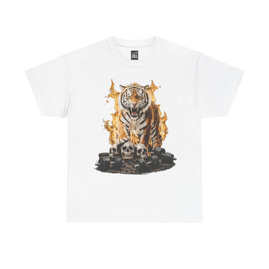 Tiger Flames Tee — Fierce Tiger with Skulls and weights Graphic Gymshirt