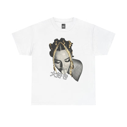 Graphic Tee — Retro Portrait with Gold Braid & Japanese '大好き' Accent