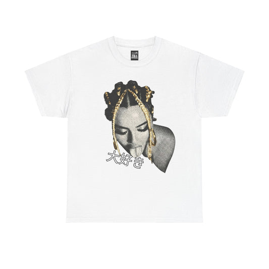 Graphic Tee — Retro Portrait with Gold Braid & Japanese '大好き' Accent