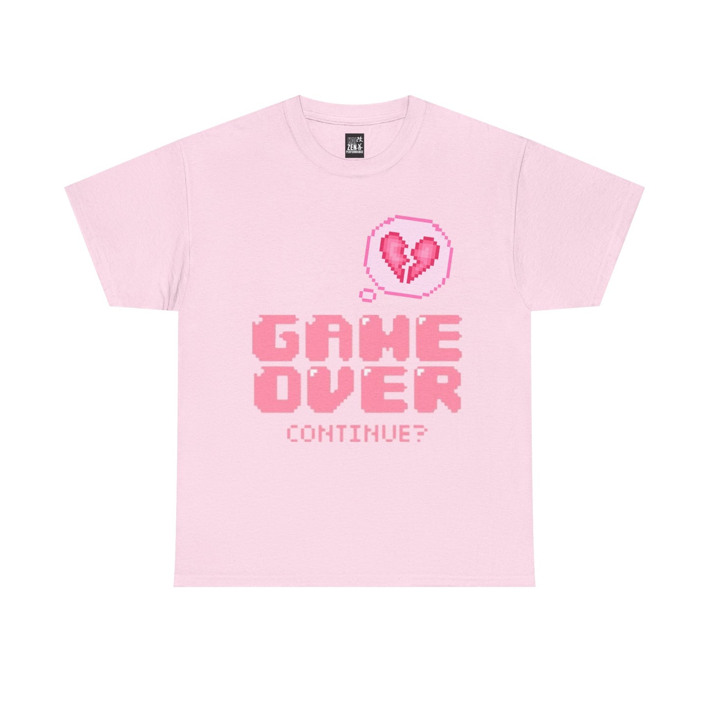 T-Shirt — Retro Pink "Game Over Continue?" Pixel Heart Tee