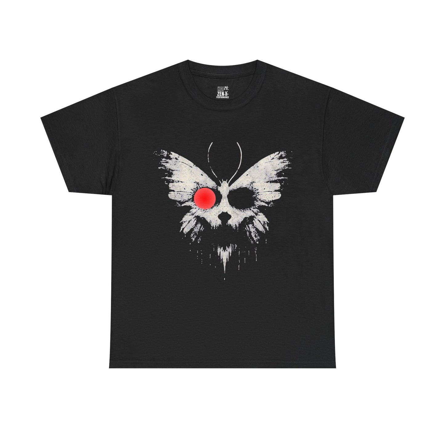 Moth Skull Graphic Tee — White Ink Skull Moth with Red Eye