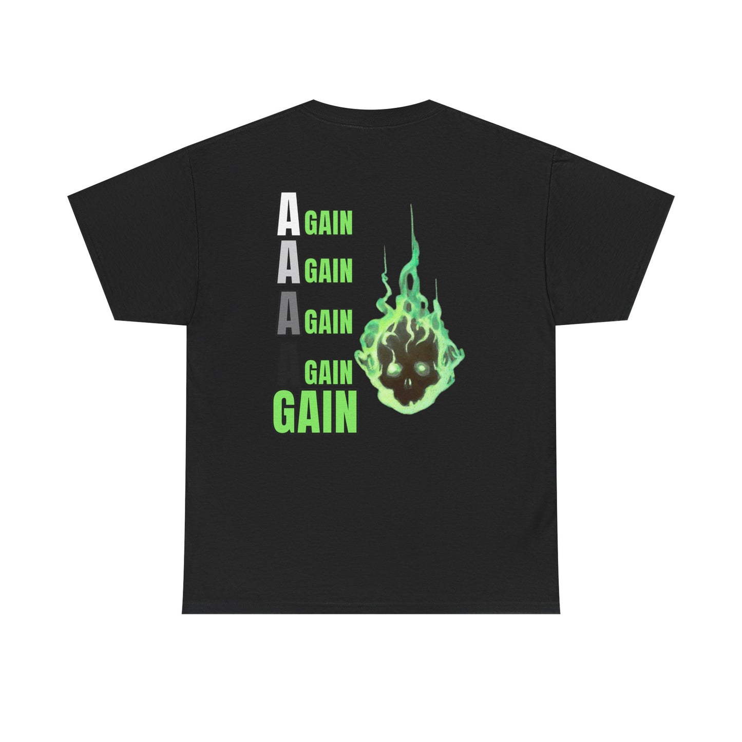 Graphic Tee — Green Flaming Skull "GAIN" Back Print