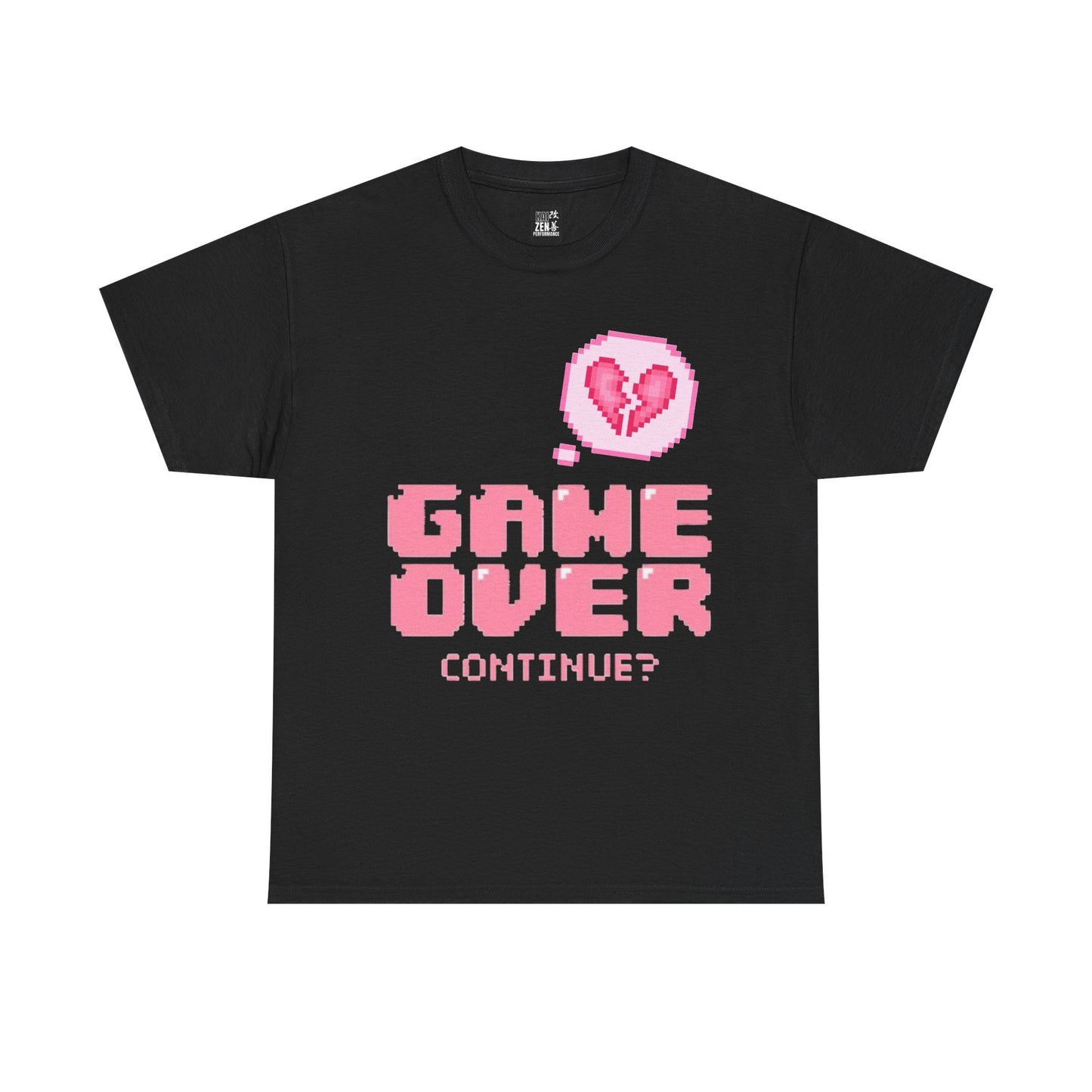 T-Shirt — Retro Pink "Game Over Continue?" Pixel Heart Tee