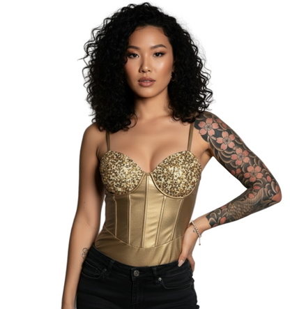 Woman wearing a gold corset and black pants against a gray background