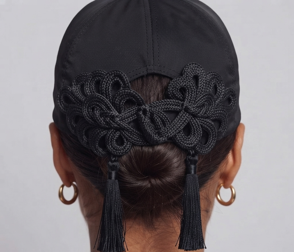 A black satin-like hair accessory with intricate black braided lace detailing and two long black tassels, shown worn on a person's low bun from the back against a light gray background.