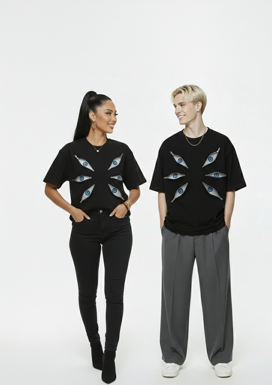 Black Graphic T-Shirt with Blue Six Eyes – Unlimited Void Gojo Inspired Streetwear