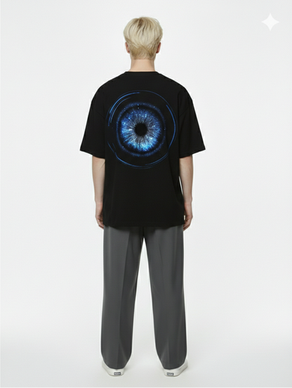 Black Graphic T-Shirt with Blue Six Eyes – Unlimited Void Gojo Inspired Streetwear