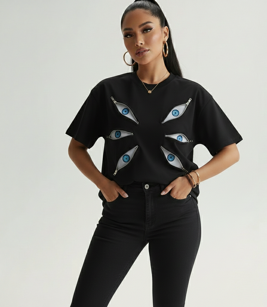 Black Graphic T-Shirt with Blue Six Eyes – Unlimited Void Gojo Inspired Streetwear
