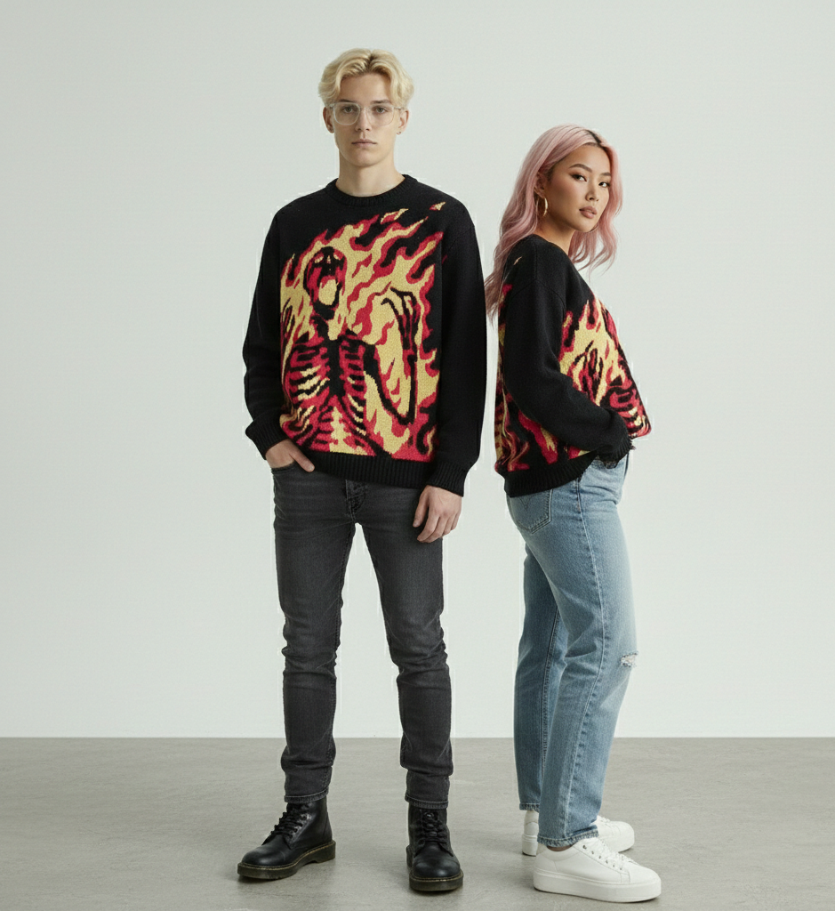 Two people wearing black sweatshirts with a graphic design on a plain background