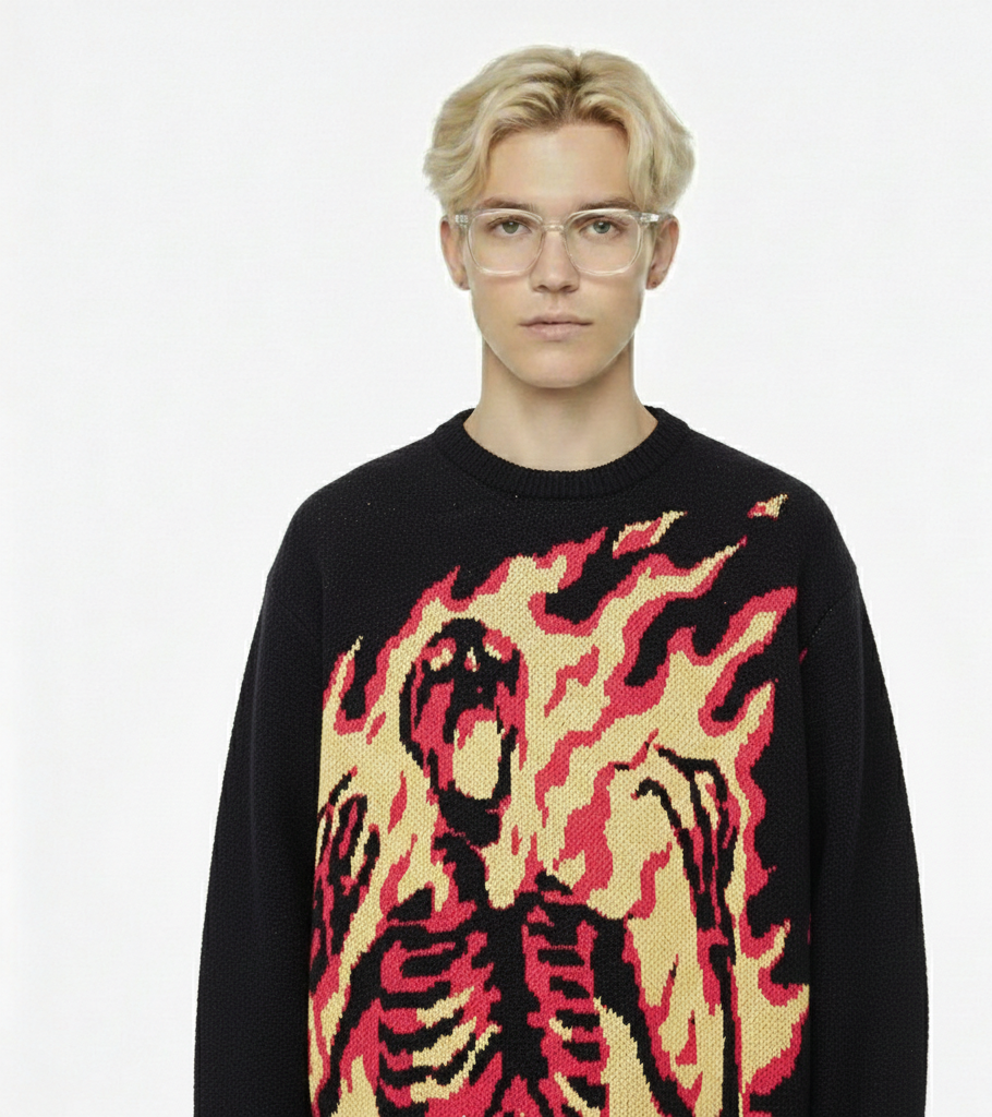 Black Knitted Jacquard Skeleton Sweater – Unisex Streetwear