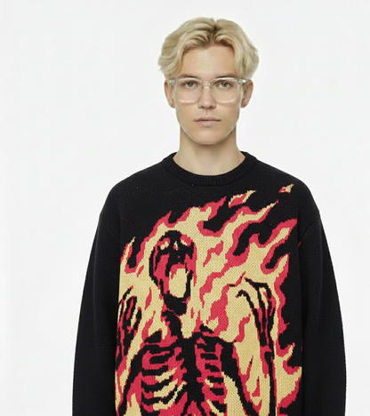Black Knitted Jacquard Skeleton Sweater – Unisex Streetwear