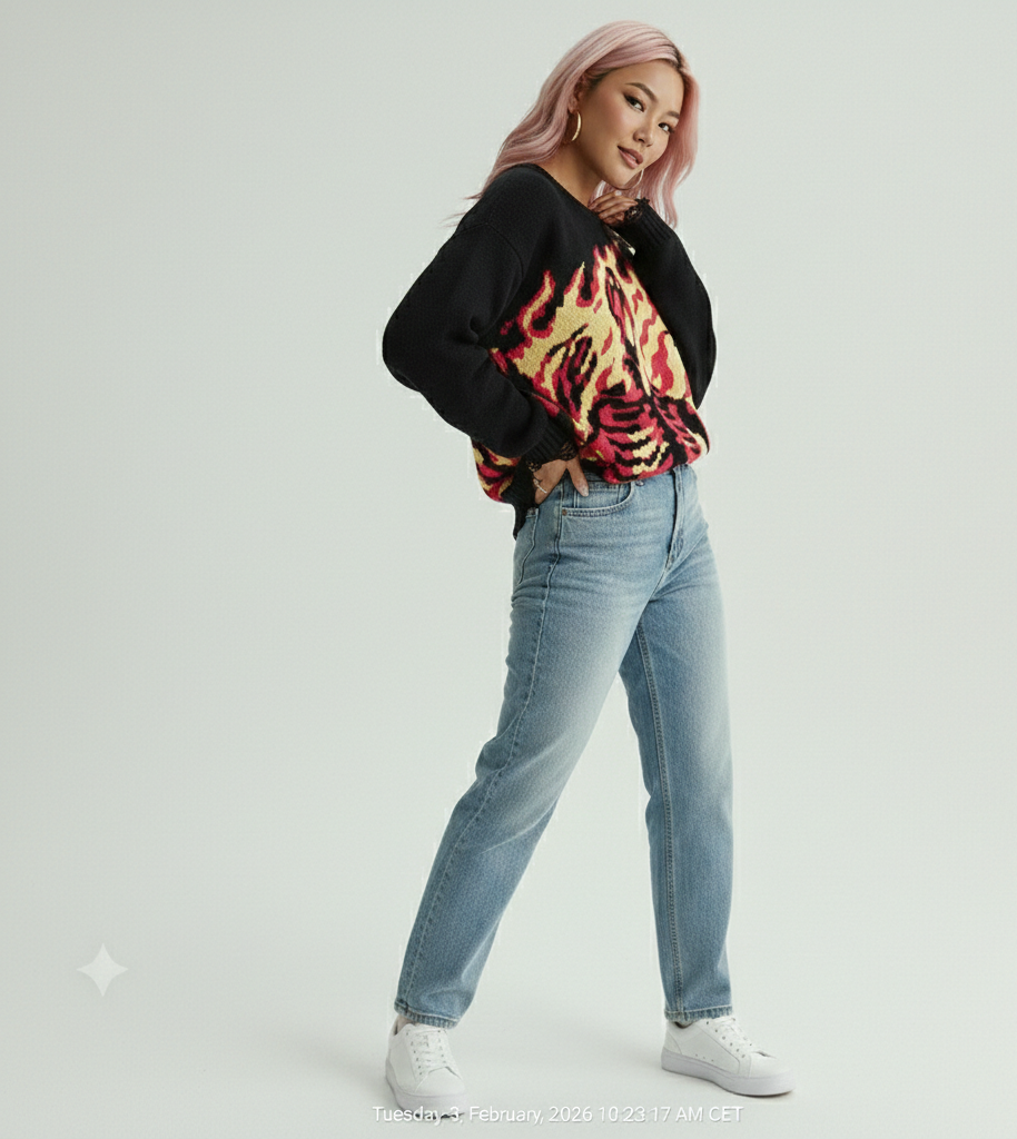 Person wearing a black sweater with colorful flame pattern and blue jeans on a light gray background