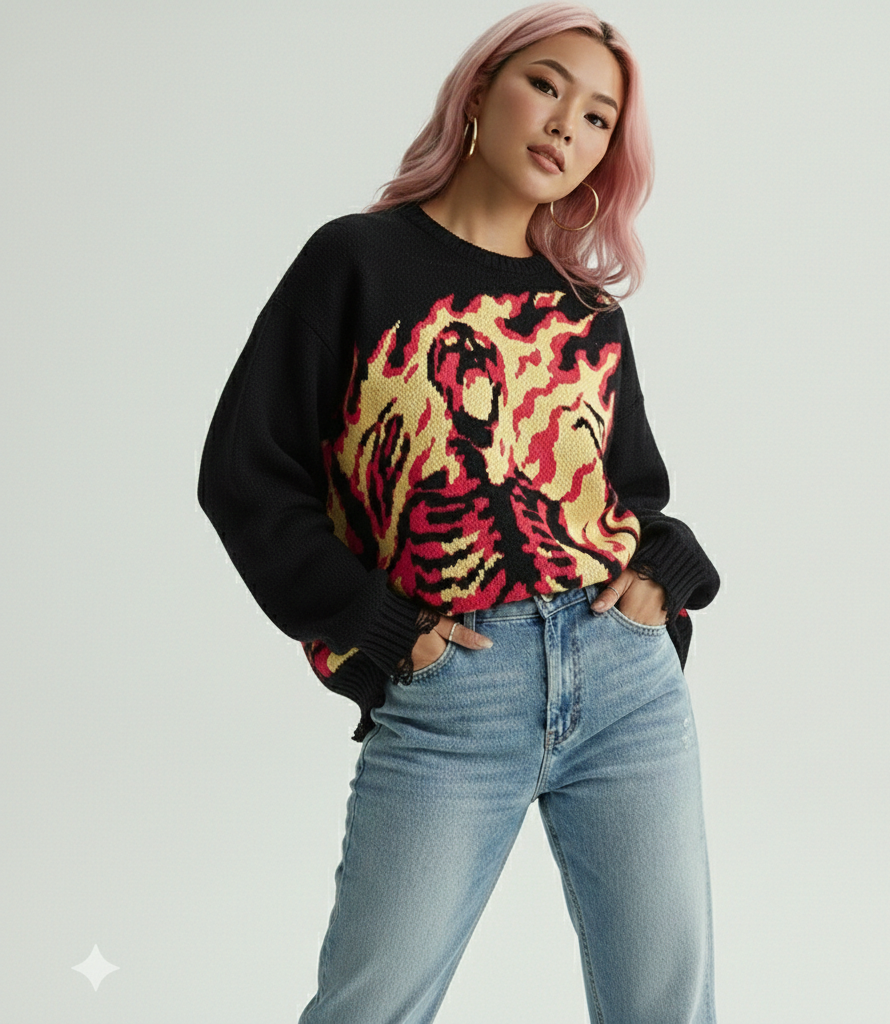 Black Knitted Jacquard Skeleton Sweater – Unisex Streetwear