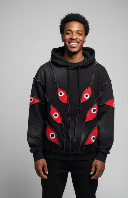 Black Washed Heavy Hoodie with Red Eyes – Handmade Streetwear