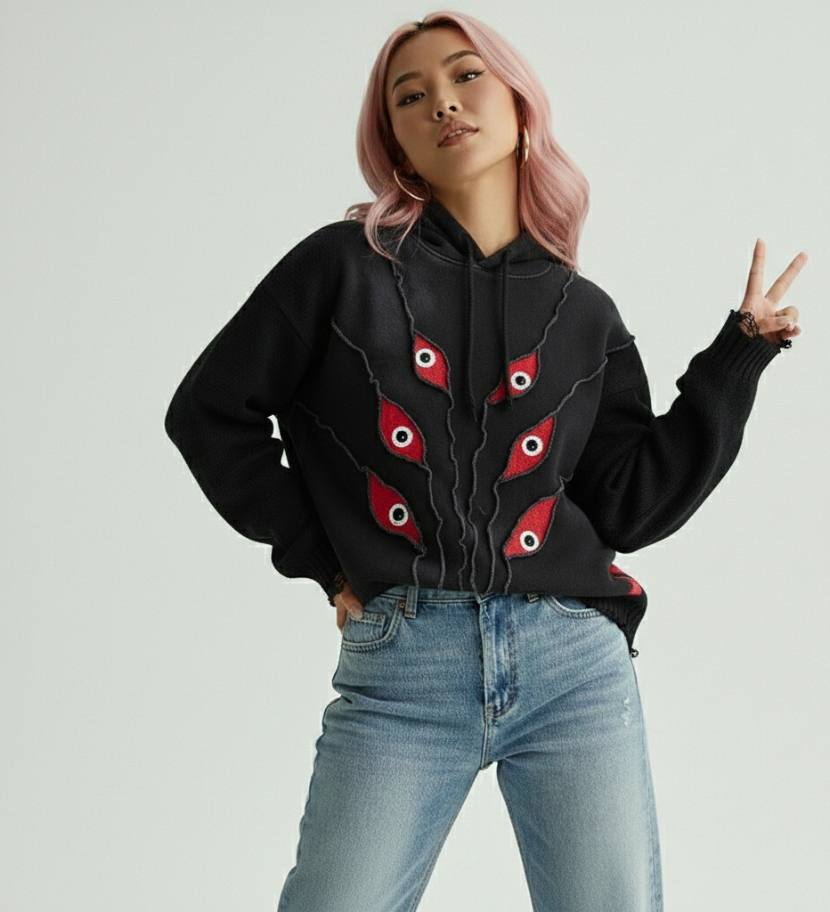 Black Washed Heavy Hoodie with Red Eyes – Handmade Streetwear