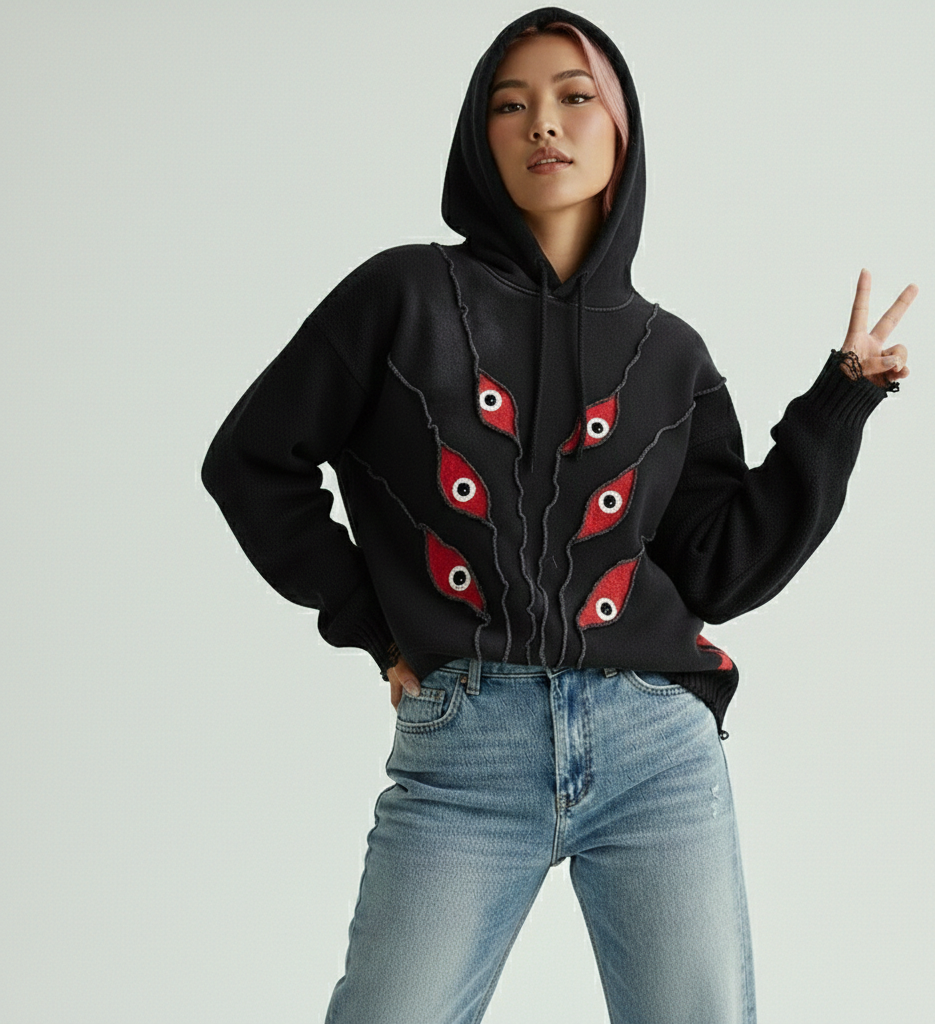 Black Washed Heavy Hoodie with Red Eyes – Handmade Streetwear