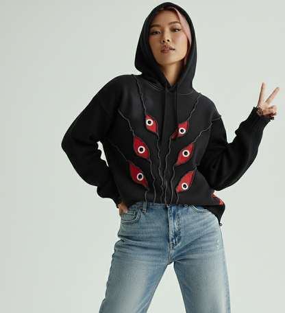 Black Washed Heavy Hoodie with Red Eyes – Handmade Streetwear