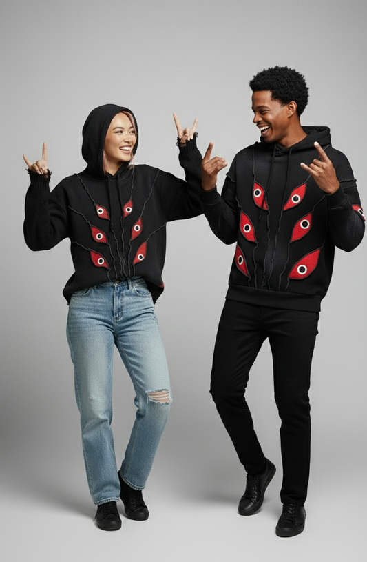 Black Washed Heavy Hoodie with Red Eyes – Handmade Streetwear