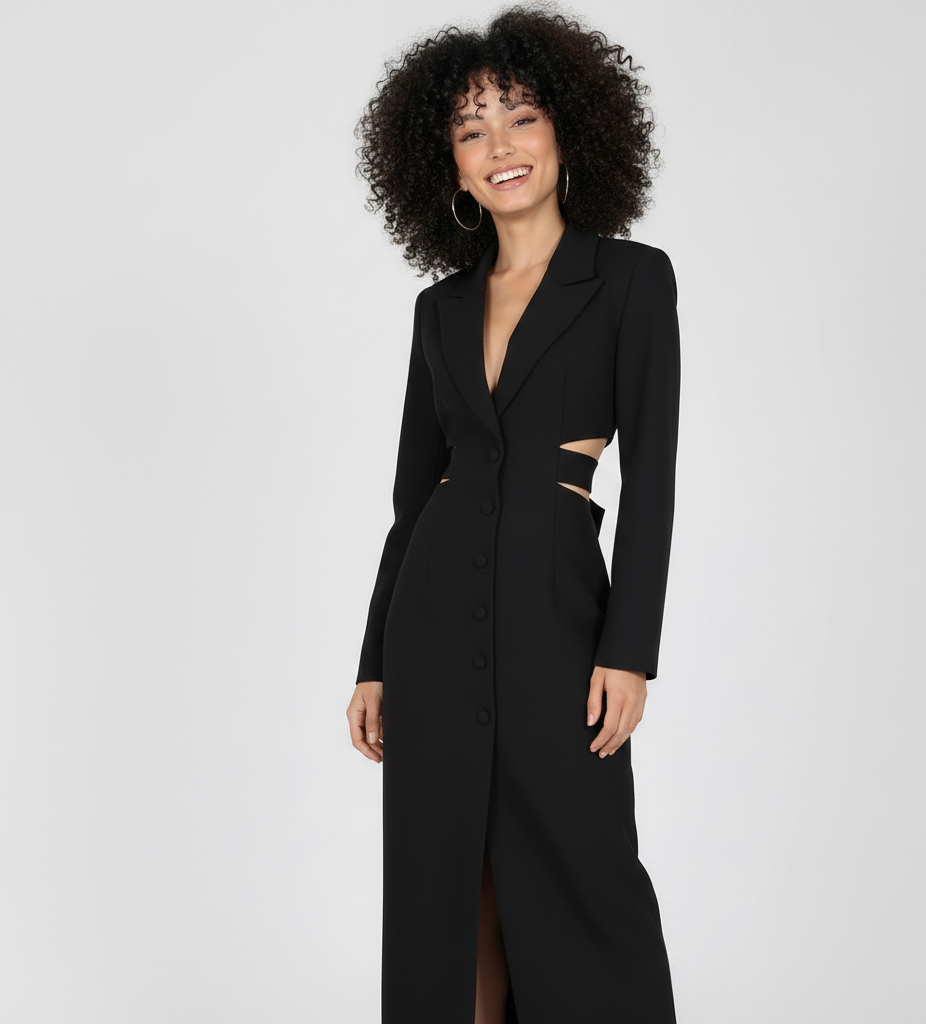 Woman wearing a black long coat with cut-out details on a white background