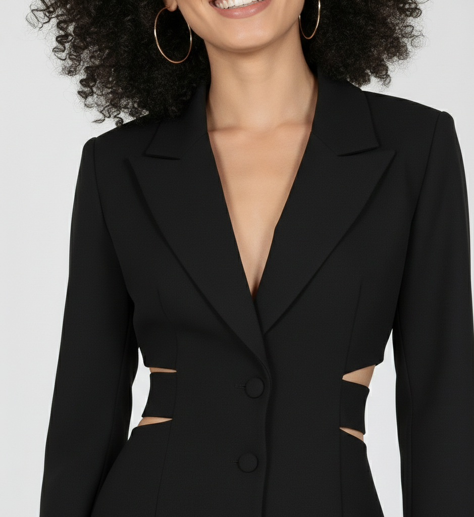 Black suit with cut-out design on a white background