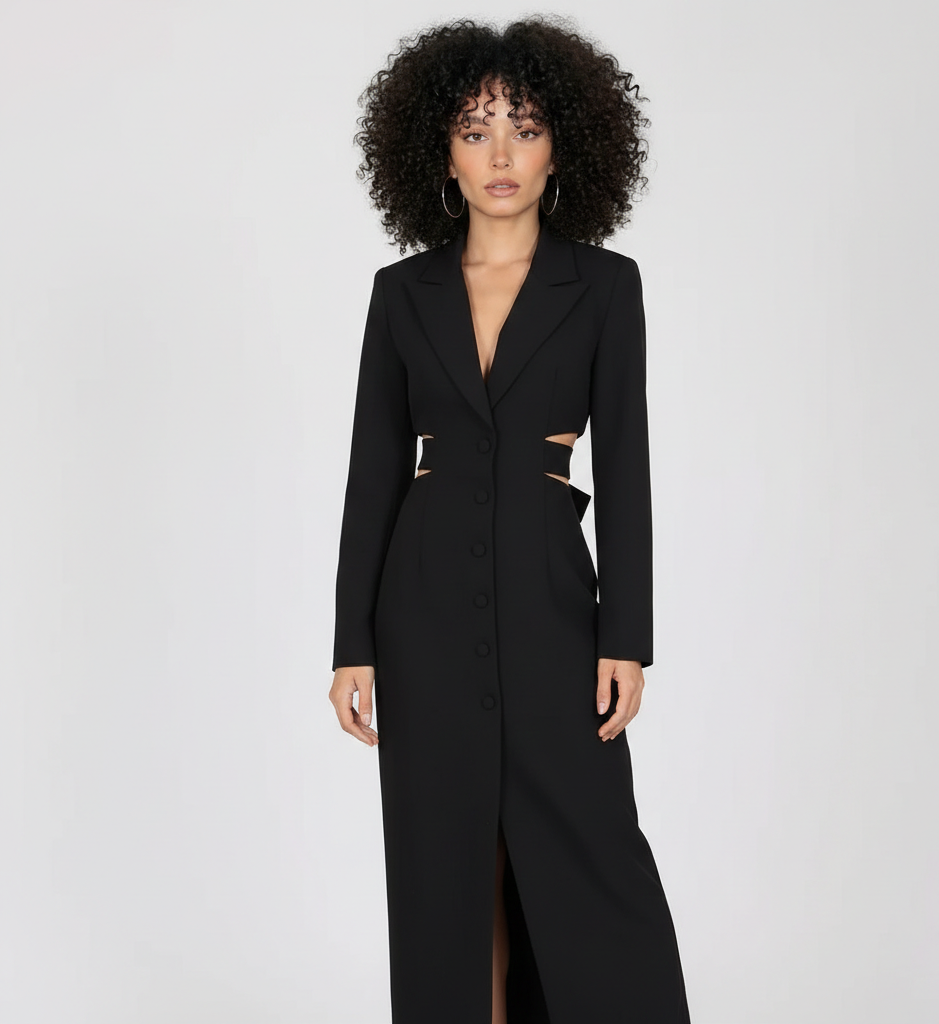 Woman wearing a black long coat with cut-out design on a white background