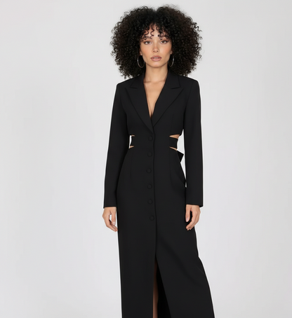 Woman wearing a black long coat with cut-out design on a white background