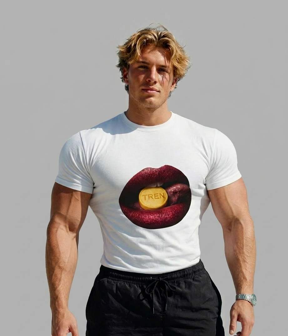 Bodybuilders love Red Lips with ‘TREN’ Pill Graphic