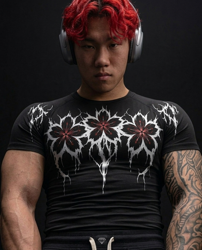 Dark Sakura Tribal Compression Shirt – Japanese Cherry Blossom Performance Tee