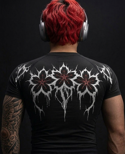 Dark Sakura Tribal Compression Shirt – Japanese Cherry Blossom Performance Tee