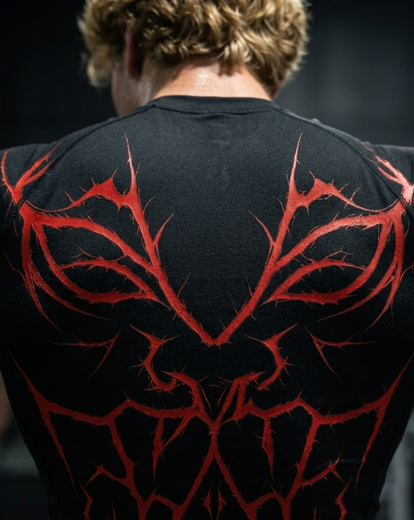 Person wearing a black shirt with red tribal design on the back