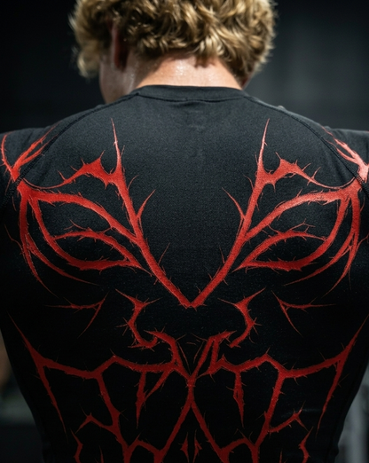Person wearing a black shirt with red tribal design on the back