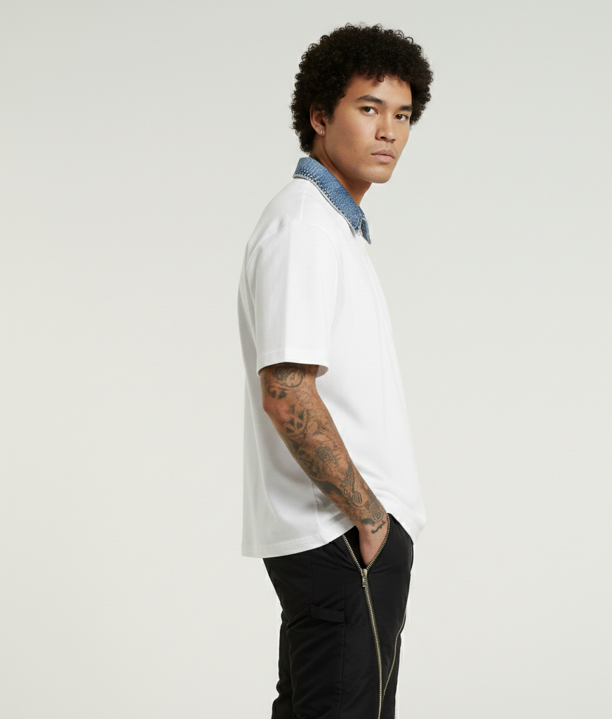 Man wearing a white shirt with a blue collar against a plain background