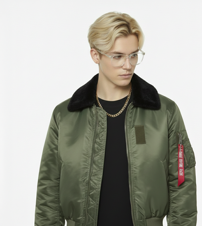 Emerald green Nylon Faux Fur Bomber Jacket