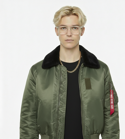 Emerald green Nylon Faux Fur Bomber Jacket