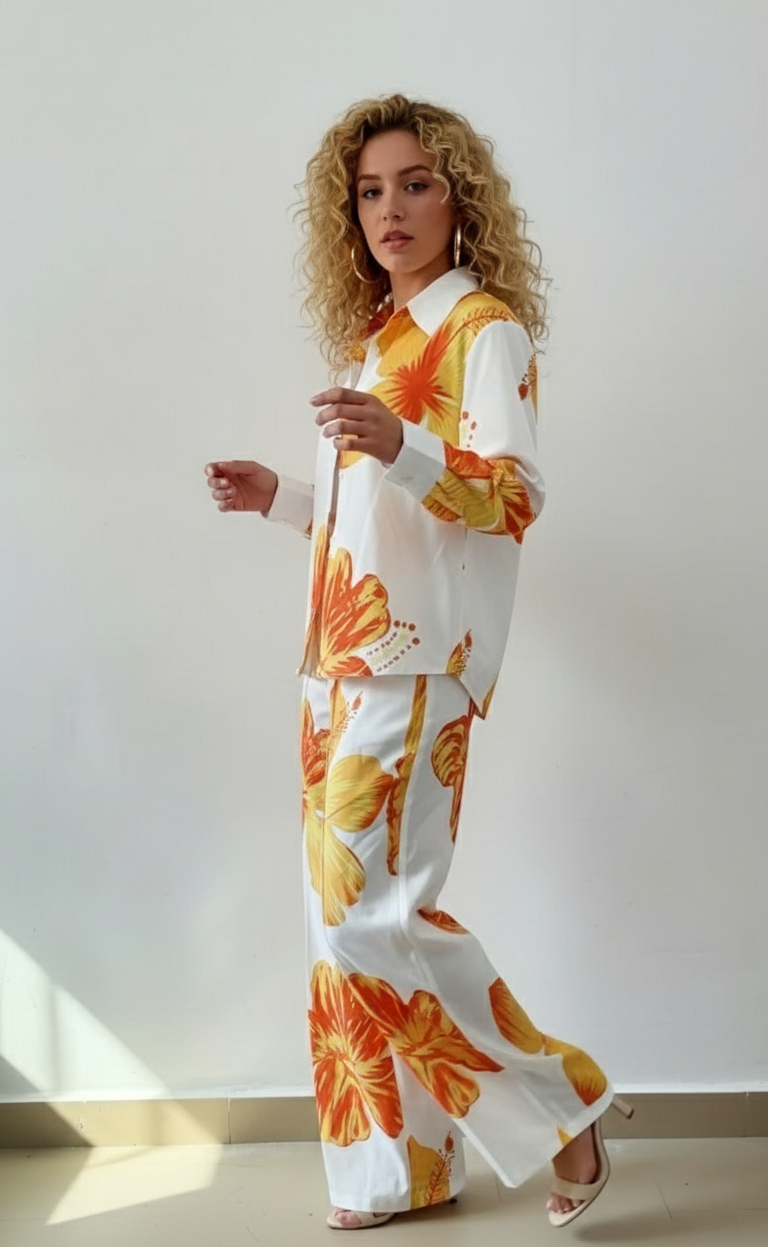 Woman wearing a floral outfit with a white background