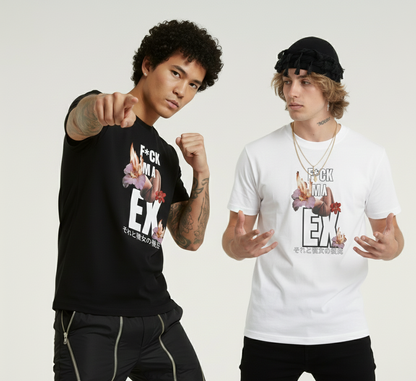 Two people wearing t-shirts with a graphic design and text.
