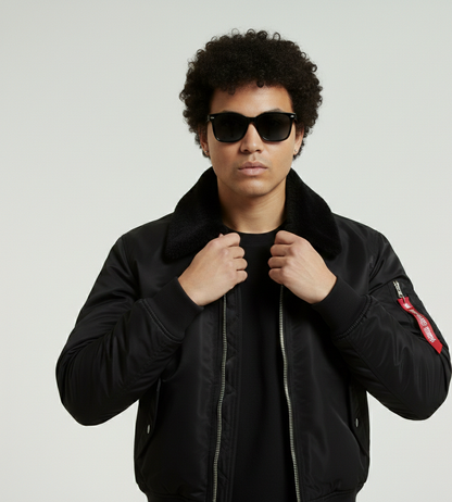 Noir Nylon Faux Fur Bomber Jacket