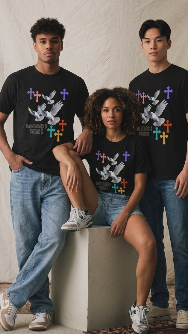 Three people wearing black t-shirts with colorful graphics against a plain background